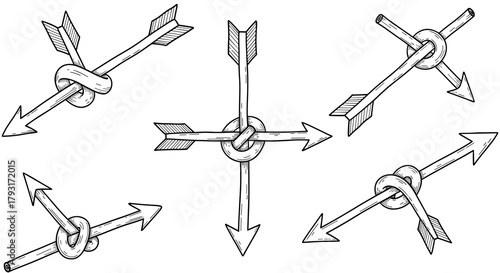 Collection of engraved style arrows twisted into different knots, representing concepts like unsolvable problems or strong connections.