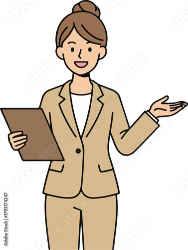 Smiling business woman presenting and holding a clipboard, professional corporate vector illustration