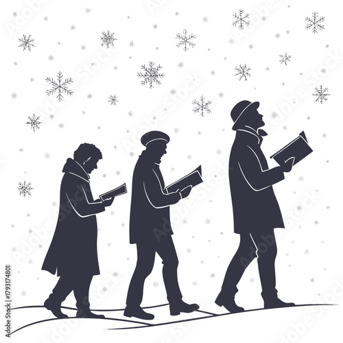 Silhouettes of carolers singing in a winter snow scene Keywords: christmas, carolers, singing