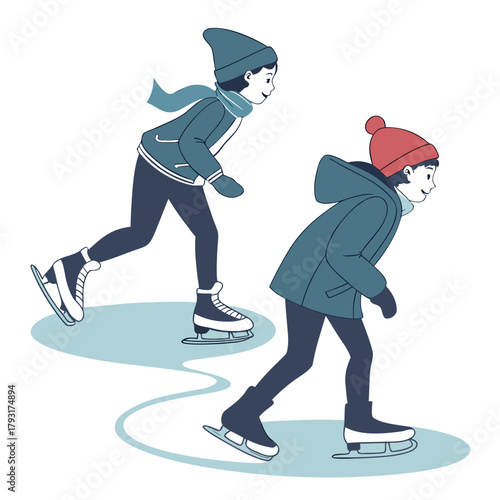 Two children ice skating on a rink winter recreation