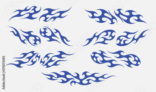 Set Blue Futuristic gothic tribal flame sigil vector design, inspired by Y2K aesthetic with liquid mercury metallic look, abstract tattoo artwork, and cyber illustration for modern graphic art.