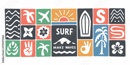 Retro surfboard and tropical icons collage with make waves and surf text