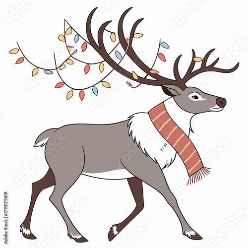 Cartoon Reindeer Wearing Christmas Lights and Scarf