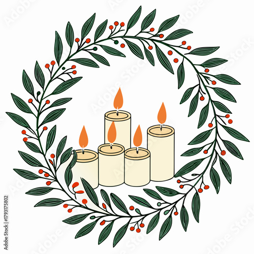 Christmas Wreath with Burning Candles and Berries Keywords: Christmas, wreath, candles, burning