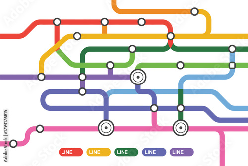 Colorful abstract subway map with interconnected lines and stations.
