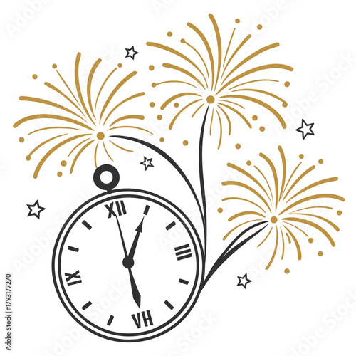 Countdown Clock with Fireworks and Stars for New Year's Eve