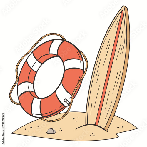 Surfboard and life preserver on sand with white background