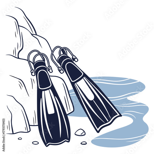 Scuba diving fins on a rocky shore by the water flippers
