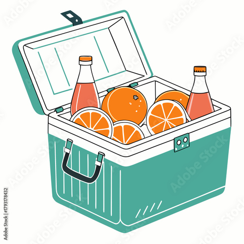 Open cooler box filled with oranges and drinks ice chest