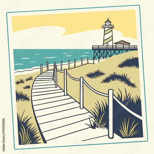 Boardwalk path to a lighthouse on a sandy beach Keywords: beach, boardwalk, path, walkway