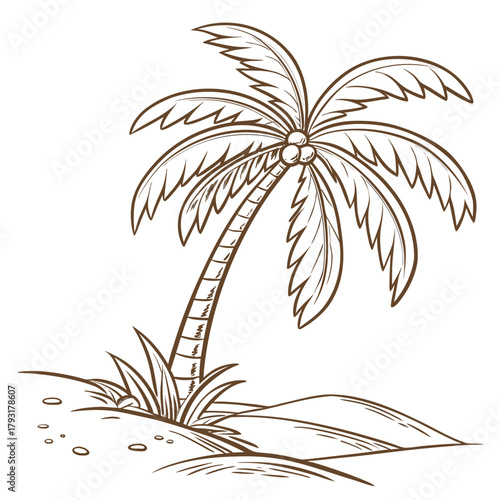 Outline drawing of a palm tree on a sandy island Keywords: palm tree, tropical, island, beach