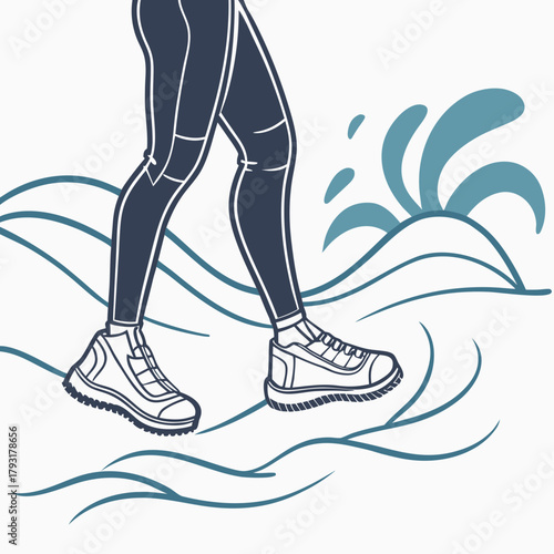 Person walking through water with athletic leggings and sneakers