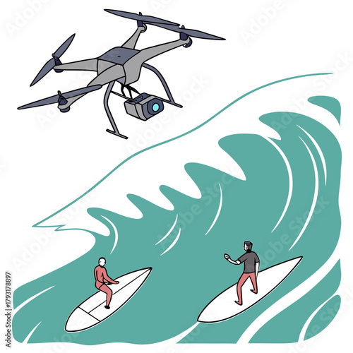 Drone Filming Surfers on Waves Keywords: drone, aerial, filming, camera, surfing, surfers