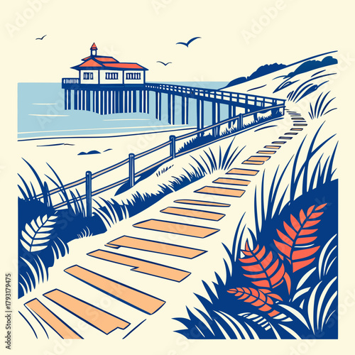 Coastal Pier and Beach Path Illustration ocean walkway