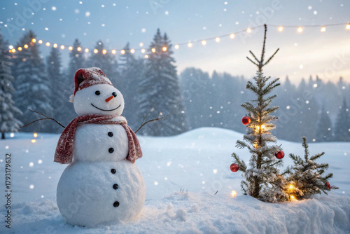 Merry christmas and happy new year greeting card with copy-space.Happy snowman standing in winter landscape.Snow background