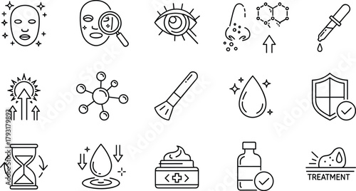 Advanced vector line icon set representing dermatology, scientific skincare, anti-aging solutions, cosmetic treatments, moisture balance, and beauty product application processes.