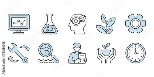Collection of science and technology icons representing innovation and development