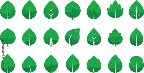 Diverse set of flat design green leaf vector icons representing global ecology, natural growth, and sustainability for use in web, app, and environmental graphic design projects.