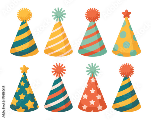 Collection of eight colorful festive birthday party hats with different patterns