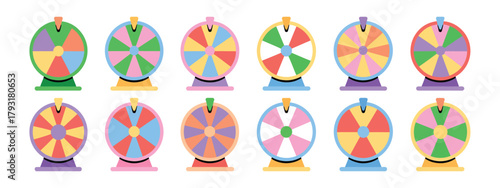 Collection of colorful spinning wheels of fortune in a row