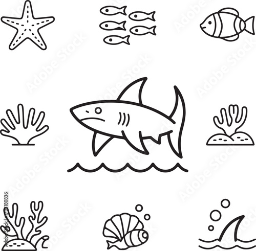 Marine Life Icons Vector Graphics of Ocean Creatures and Underwater Flora