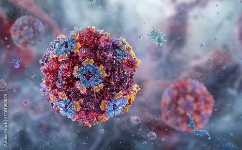 Norovirus pathogens floating in fluid environment. Intestinal virus, contagious disease and viral infection agents. 3D for medicine, diagnostics, scientific education, healthcare, biotechnology themes