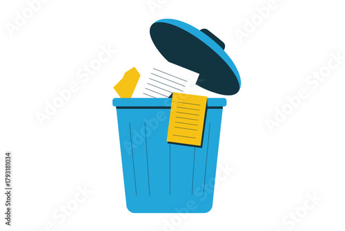 Blue trash can with open lid and yellow items being thrown away