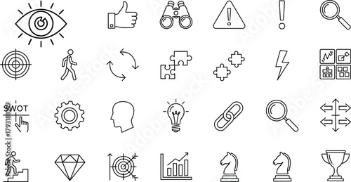 Essential vector line icons set for business strategy, analysis, problem-solving, planning, and vision, including concepts like SWOT, goals, innovation, and success management.