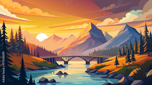 Very beautiful sunrise across Belton Bridge over the Middle Fork Flathead River near West Glacier in Glacier National Park, Montana, USA, featuring golden morning light, calm reflective waters, and fo