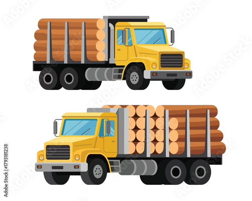 Two yellow trucks loaded with logs on a white background