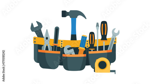 Tool belt filled with various hand tools and measuring tape