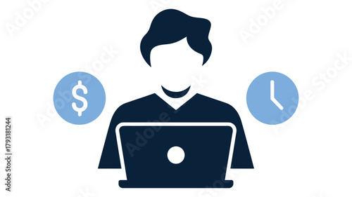 stylized icon of person working on laptop with dollar and clock symbols, representing freelance work, time management, and productivity
