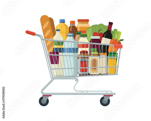 Full grocery shopping cart filled with various food and drink items