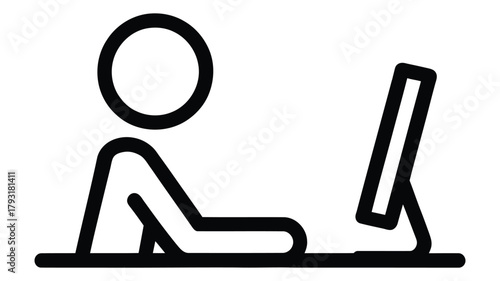 minimalist line icon of person working on computer at desk, symbolizing remote work, digital activity, online communication or tech usage