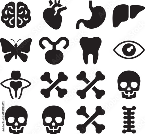 Black icons of human organs bones and eye on white background brain heart
