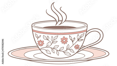 Elegant teacup with floral design and steam on a saucer perfect for a relaxing afternoon break time