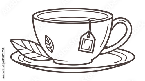 A line drawing of a teacup with a tea bag and a leaf on a saucer in black and white style art