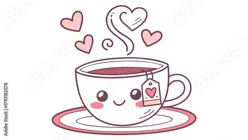 Cute teacup with a smiling face and hearts floating above it on a saucer with a tea bag tag