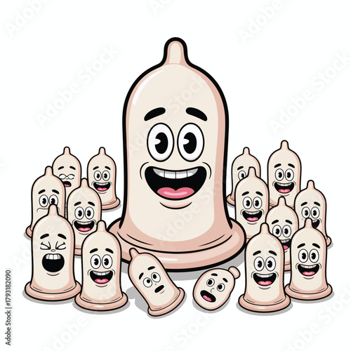 Happy cartoon condoms gathered together in a group celebration