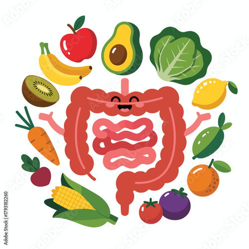 Happy intestines surrounded by healthy fruits and vegetables for digestion