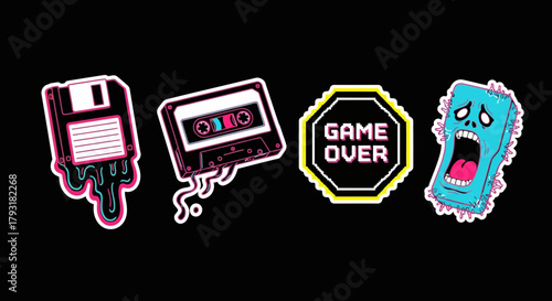 Retro Tech Nostalgia: Floppy, Cassette, Game Over Stickers