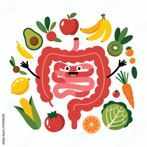 Happy intestines surrounded by healthy fruits and vegetables illustration