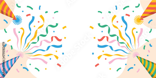 Celebration background with confetti streamers and party hats