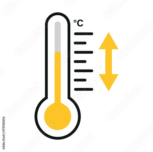 Illustration of a thermometer with a yellow liquid showing temperature and an up and down arrow icon