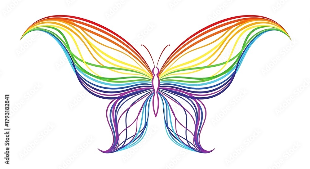 Obraz premium A butterfly with wings made of rainbow-colored lines against a white background.