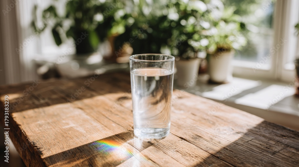 Obraz premium Crystal clear glass of water on rustic wooden table, sunlight creating rainbow reflections, promoting conservation for World Water Day