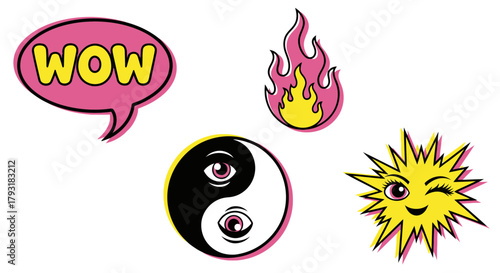 Pop Art Icons: Yin Yang, Flame, Sun, and WOW Speech Bubble