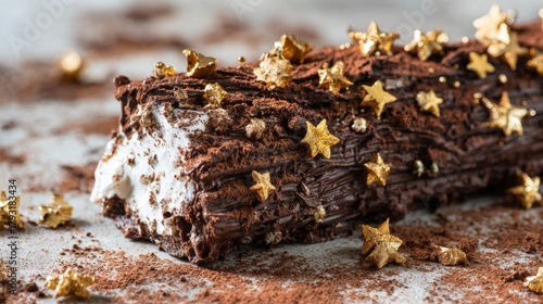 Macro photo of buche de noel adorned with textured chocolate bark, tiny edible gold stars, and cocoa powder, perfect for holiday dessert inspiration