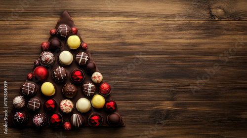 A decorative arrangement of assorted chocolates shaped like a Christmas tree on a wooden surface.