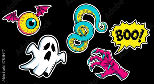 Spooky Halloween Stickers: Ghost, Eyeball, Tentacle, Claw, Boo!